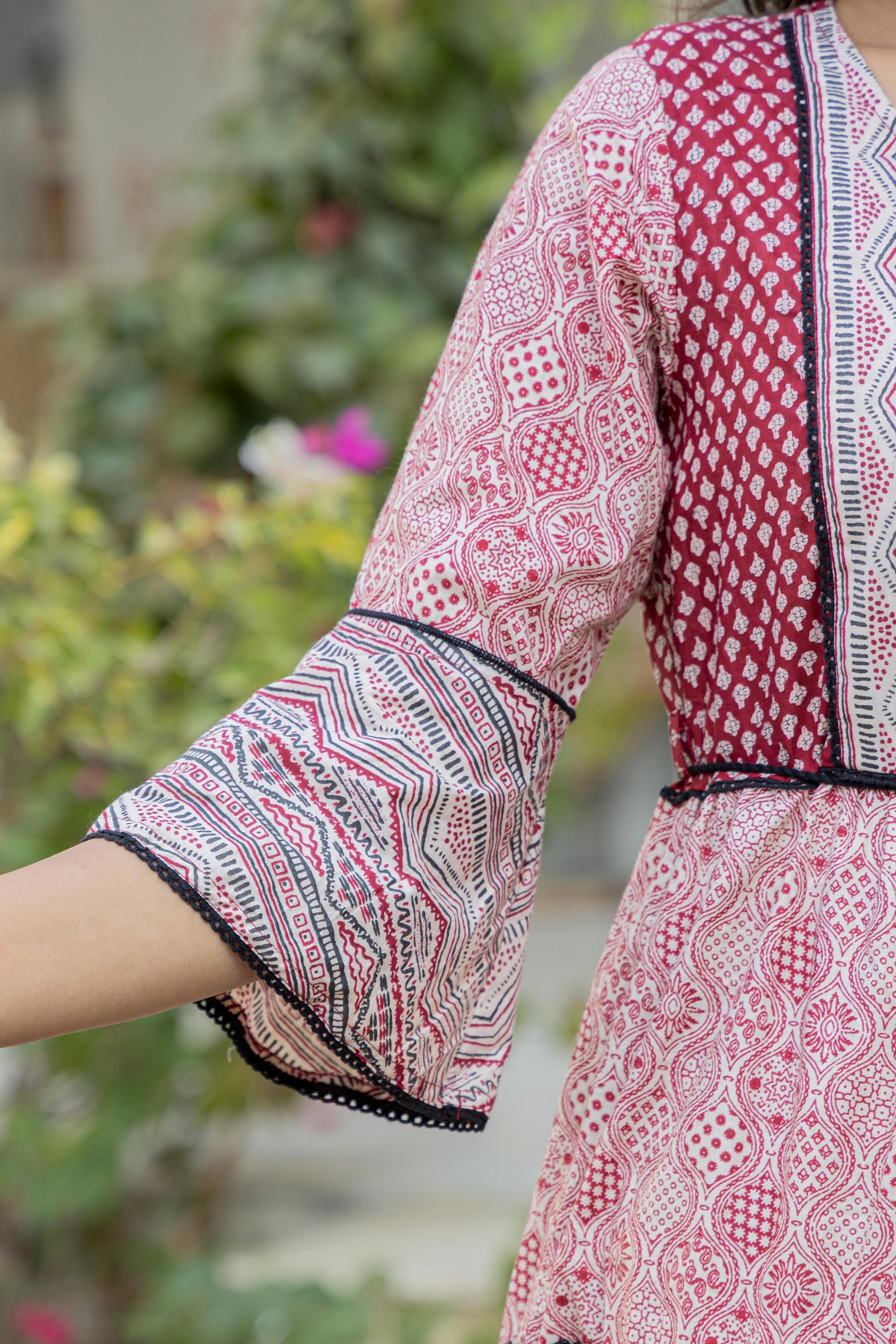 Red Ethnic Motif Printed Cotton Long Dress With Sequins & Doris | Desi
