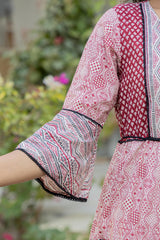 Red Ethnic Motif Printed Cotton Long Dress With Sequins & Doris