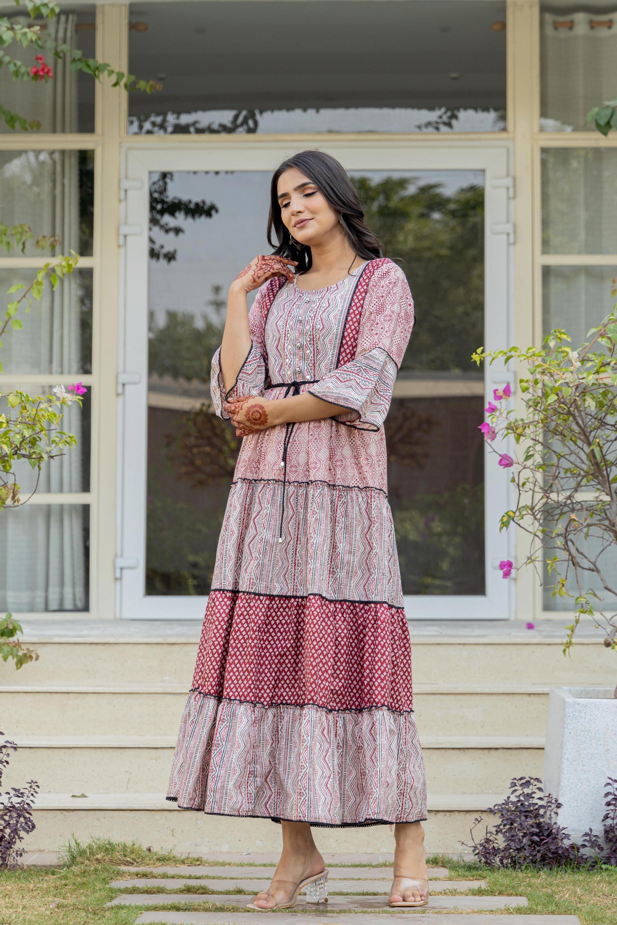 Red Ethnic Motif Printed Cotton Long Dress With Sequins & Doris | Desi