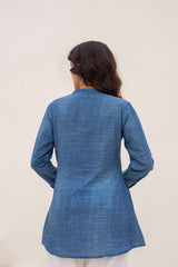 Blue Solid Cotton Tunic With Thread Work & Buttons