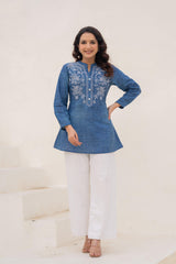 Blue Solid Cotton Tunic With Thread Work & Buttons