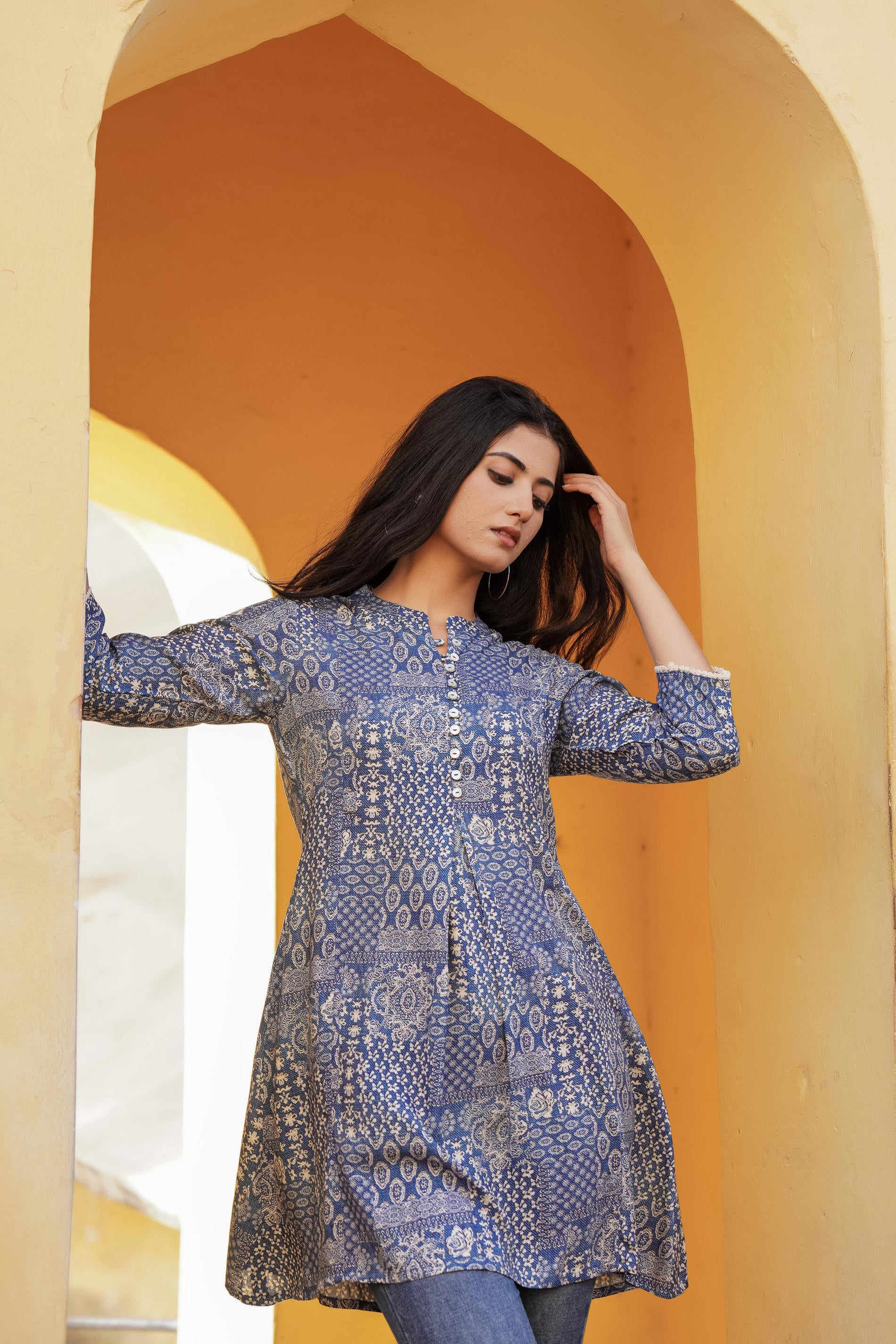 Women Blue Printed Tunic