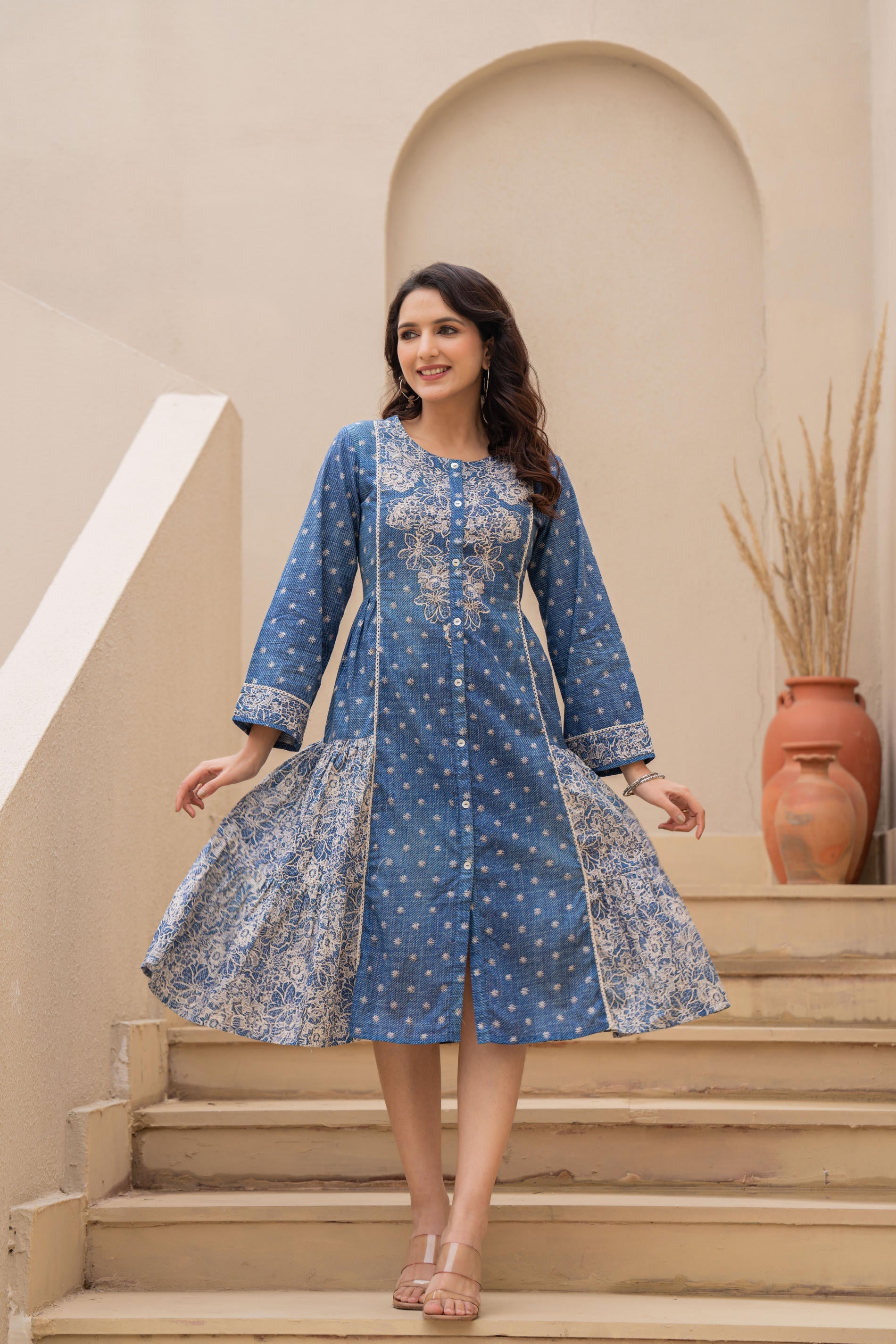 Blue Printed Cotton Dress With Lace & Buttons | DesiQlo
