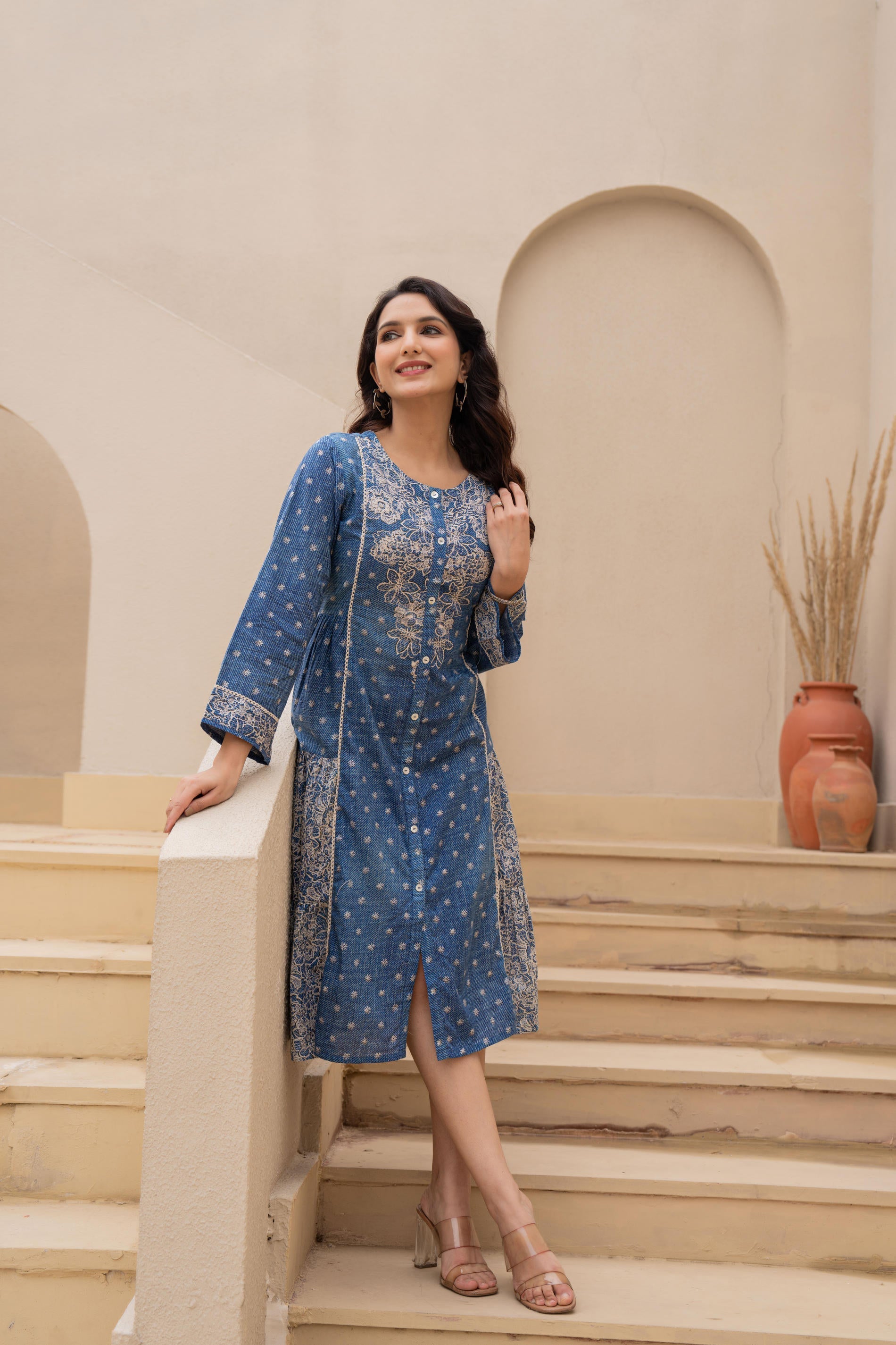 Blue Printed Cotton Dress With Lace & Buttons | DesiQlo