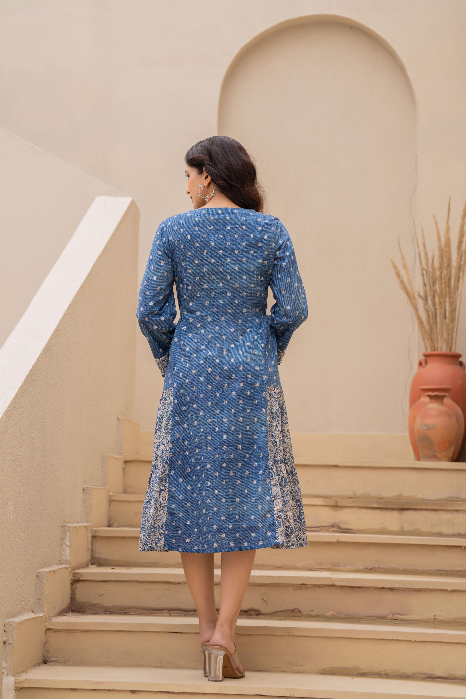 Blue Printed Cotton Dress With Lace & Buttons | DesiQlo