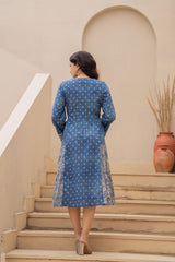 Blue Printed Cotton Dress With Lace & Buttons