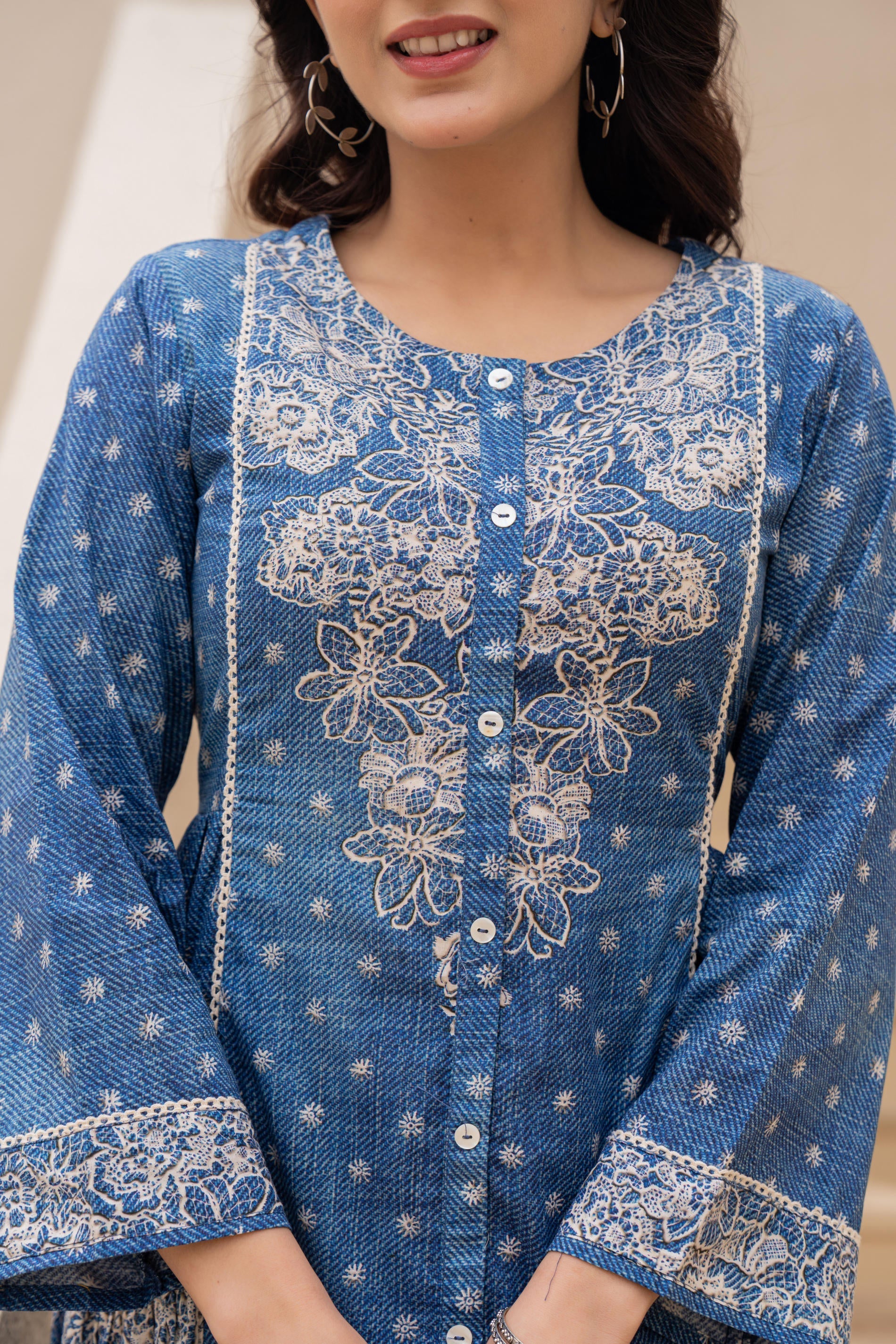 Blue Printed Cotton Dress With Lace & Buttons | DesiQlo
