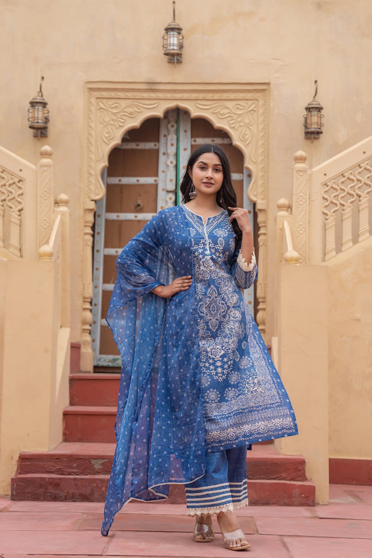 Indigo Bloom Ethnic Print Straight Kurta Set with Dupatta-P1253BLUE
