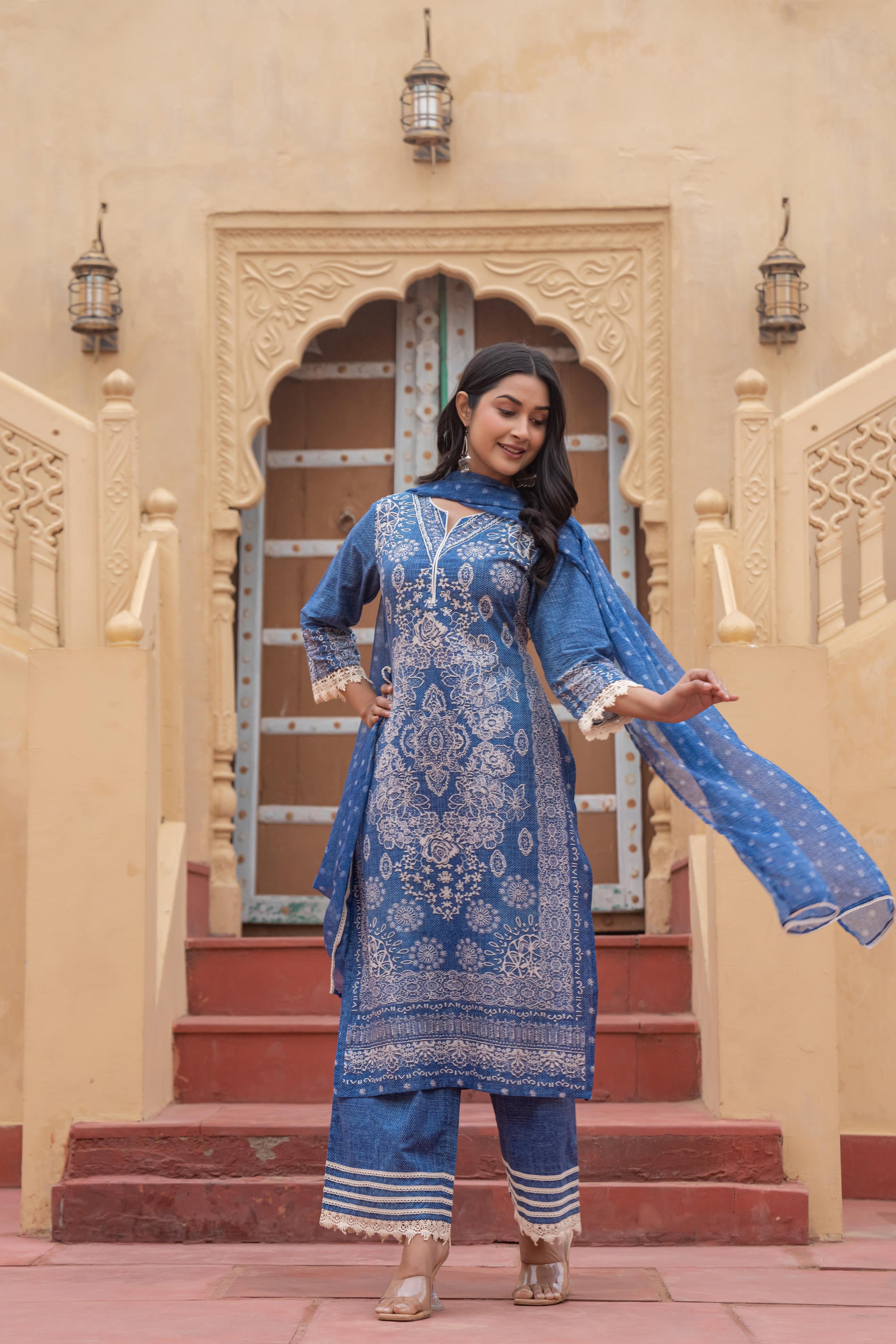 Indigo Bloom Ethnic Print Straight Kurta Set with Dupatta-P1253BLUE