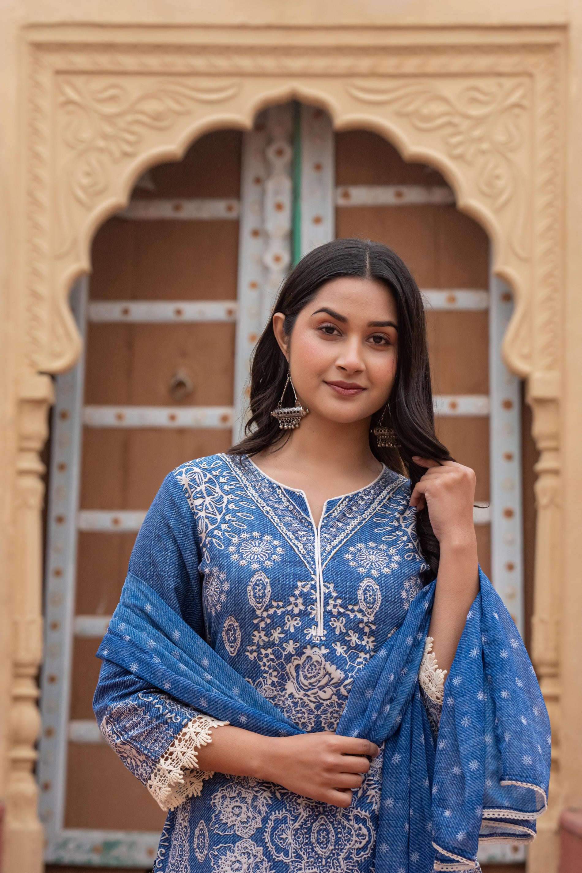 Indigo Bloom Ethnic Print Straight Kurta Set with Dupatta-P1253BLUE