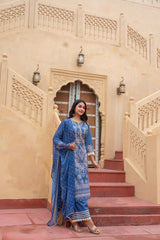 Indigo Bloom Ethnic Print Straight Kurta Set with Dupatta-P1253BLUE