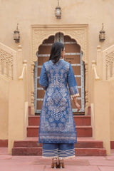 Indigo Bloom Ethnic Print Straight Kurta Set with Dupatta-P1253BLUE