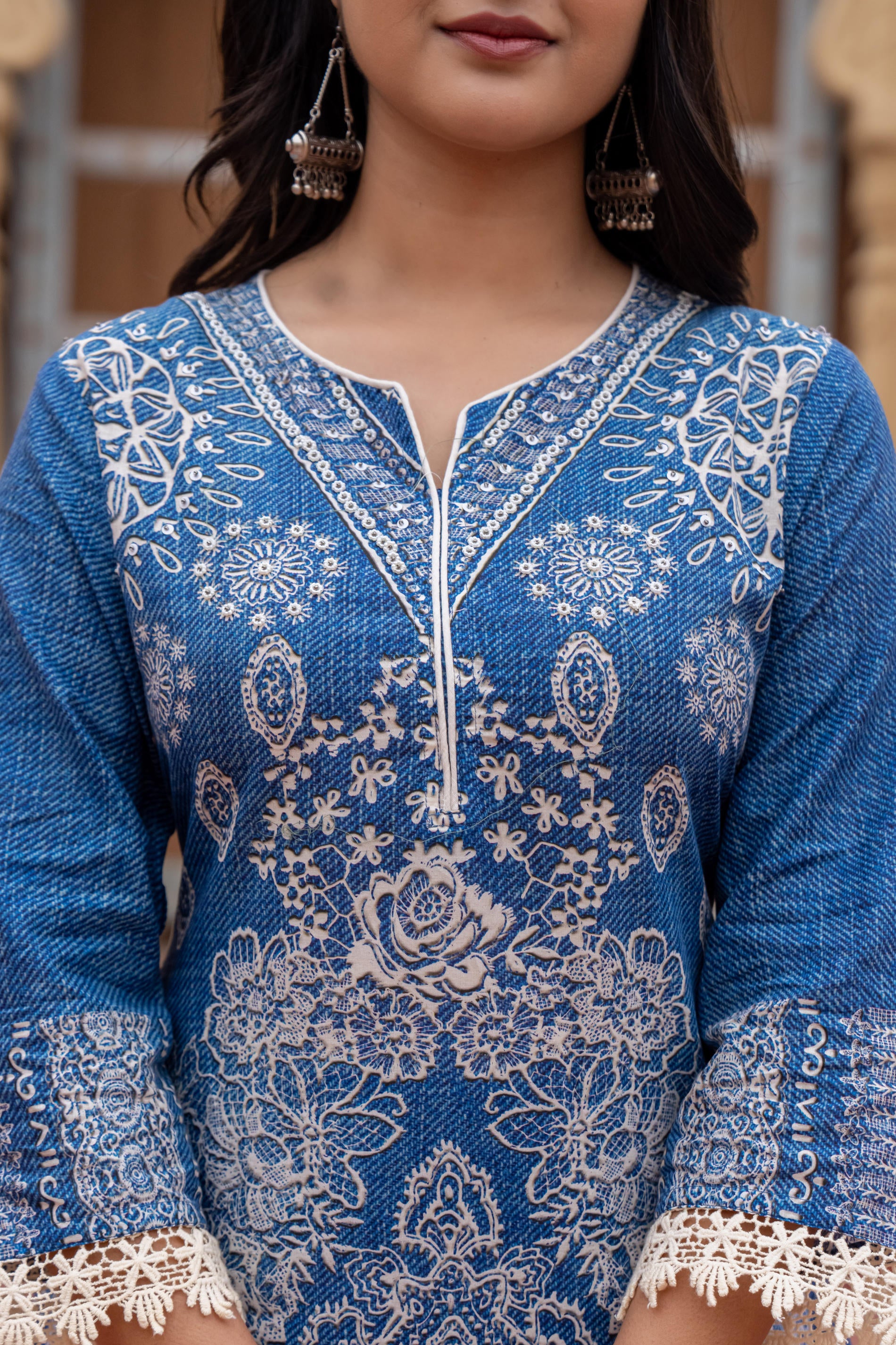 Indigo Bloom Ethnic Print Straight Kurta Set with Dupatta-P1253BLUE