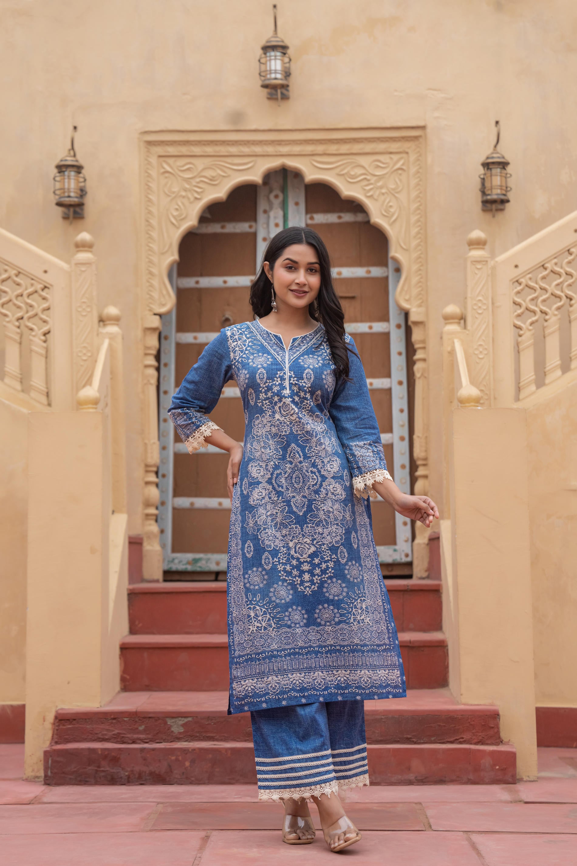 Indigo Bloom Ethnic Print Straight Kurta Set with Dupatta-P1253BLUE