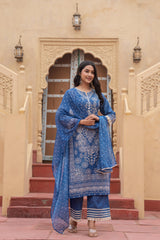 Indigo Bloom Ethnic Print Straight Kurta Set with Dupatta-P1253BLUE