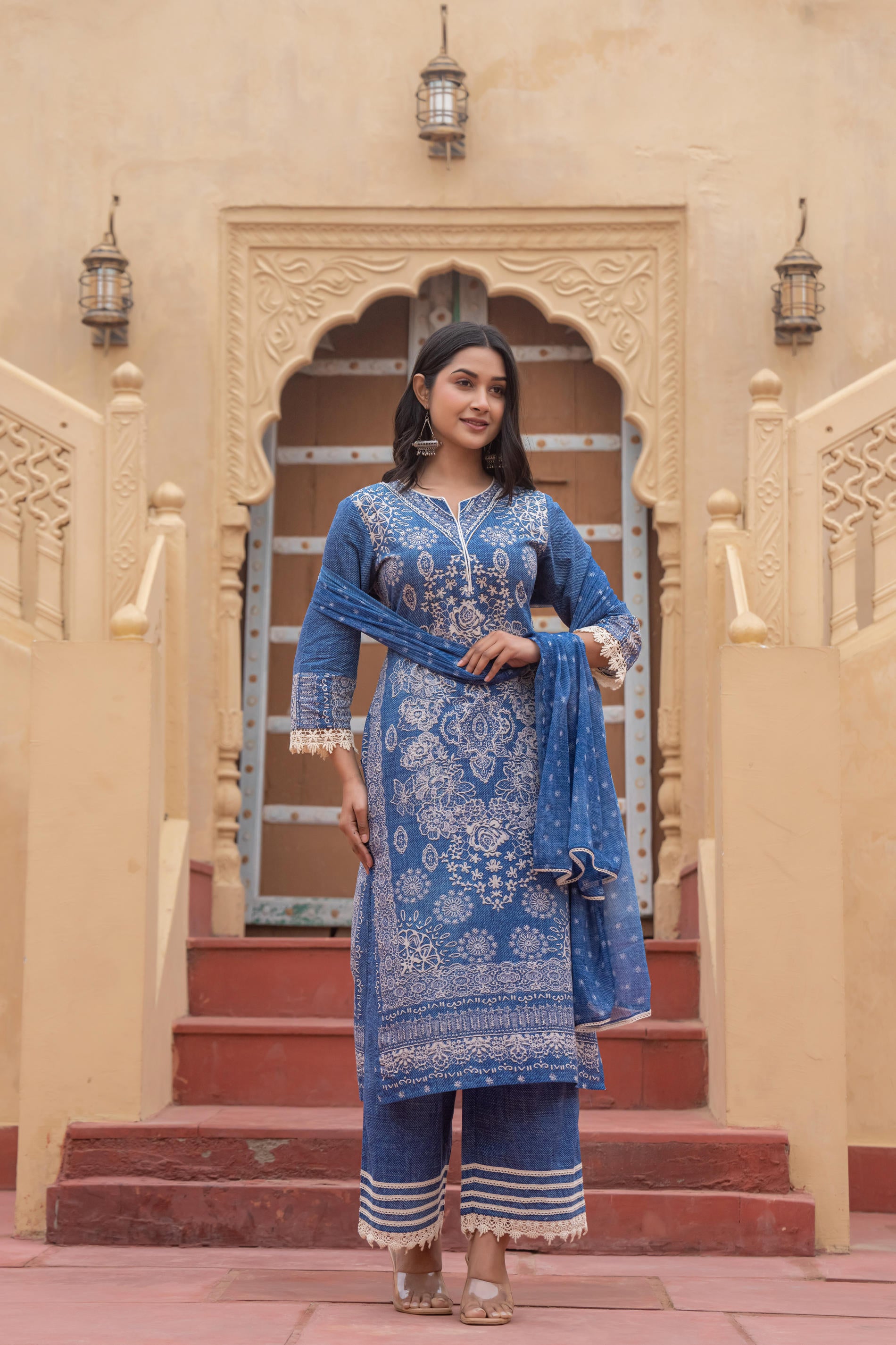 Indigo Bloom Ethnic Print Straight Kurta Set with Dupatta-P1253BLUE
