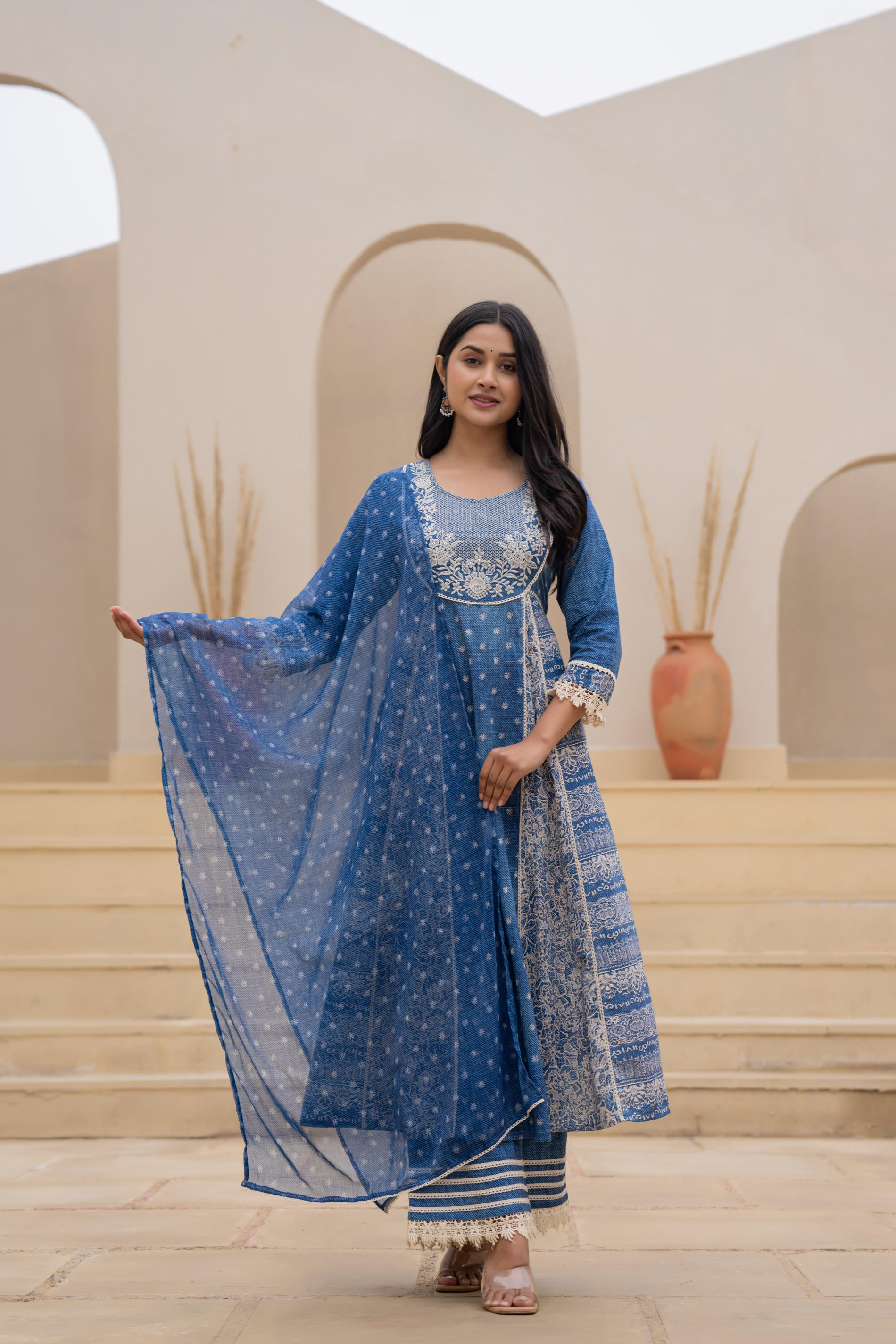 Indigo Breeze Printed & Embroidered Anarkali Kurta Set with Dupatta”-P1254BLUE