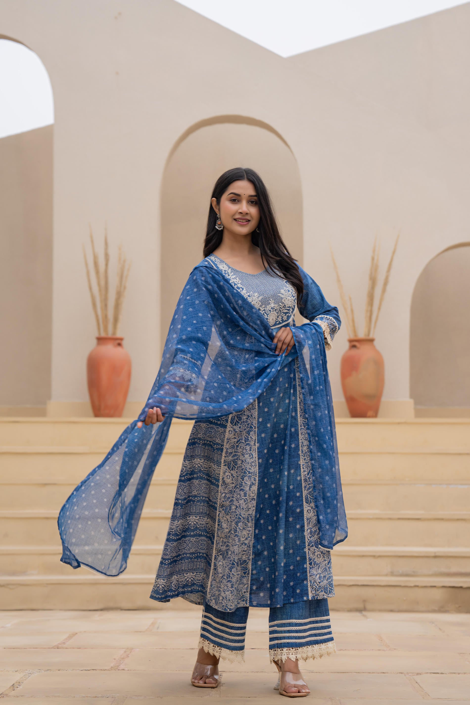 Indigo Breeze Printed & Embroidered Anarkali Kurta Set with Dupatta”-P1254BLUE
