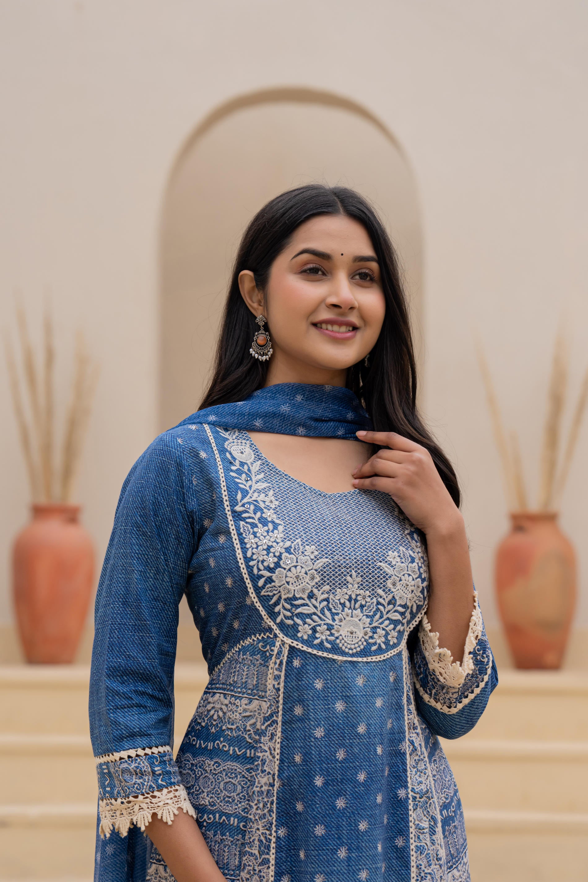 Indigo Breeze Printed & Embroidered Anarkali Kurta Set with Dupatta”-P1254BLUE