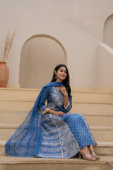 Indigo Breeze Printed & Embroidered Anarkali Kurta Set with Dupatta”-P1254BLUE