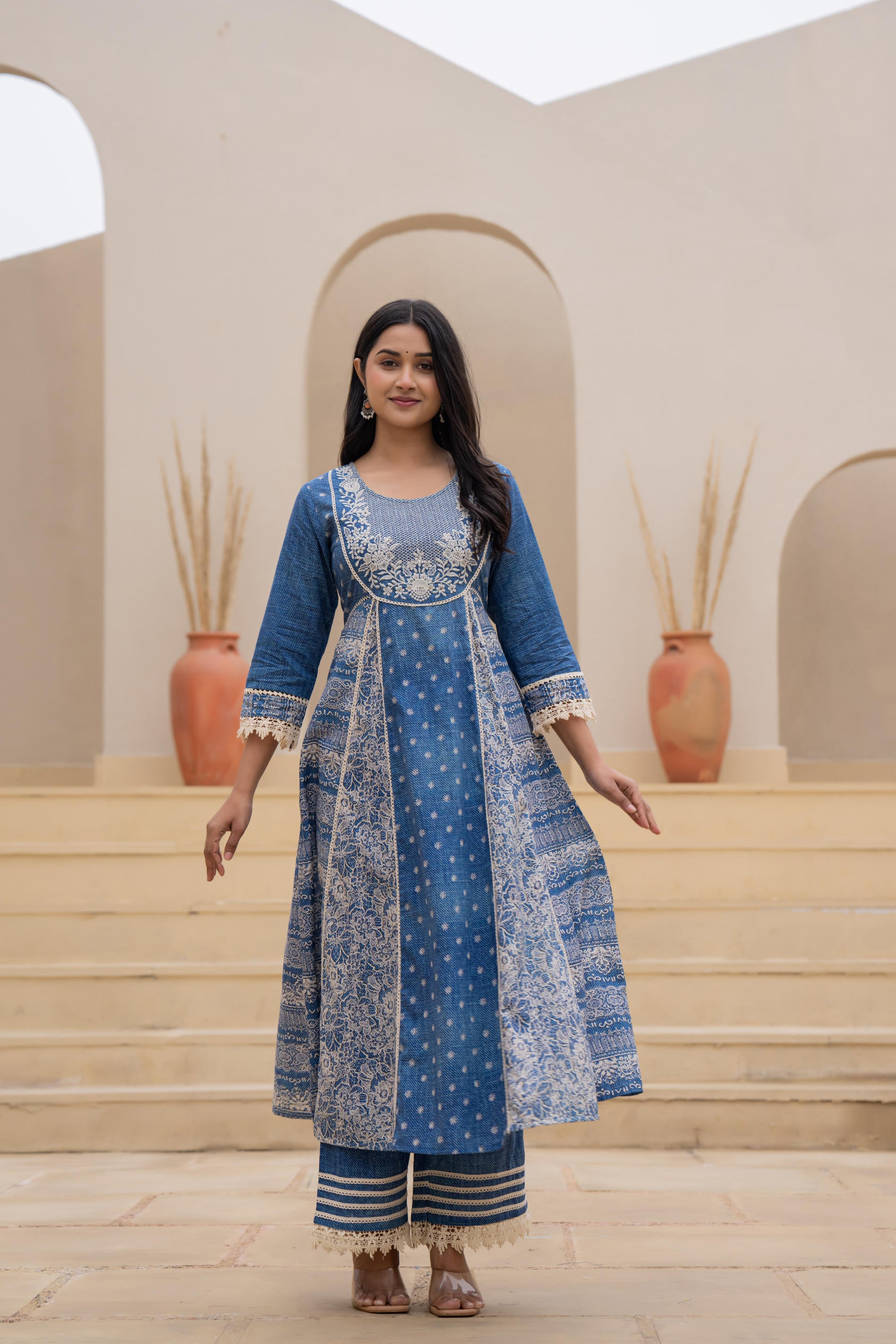 Indigo Breeze Printed & Embroidered Anarkali Kurta Set with Dupatta”-P1254BLUE