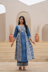 Indigo Breeze Printed & Embroidered Anarkali Kurta Set with Dupatta”-P1254BLUE