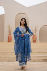 Indigo Breeze Printed & Embroidered Anarkali Kurta Set with Dupatta”-P1254BLUE