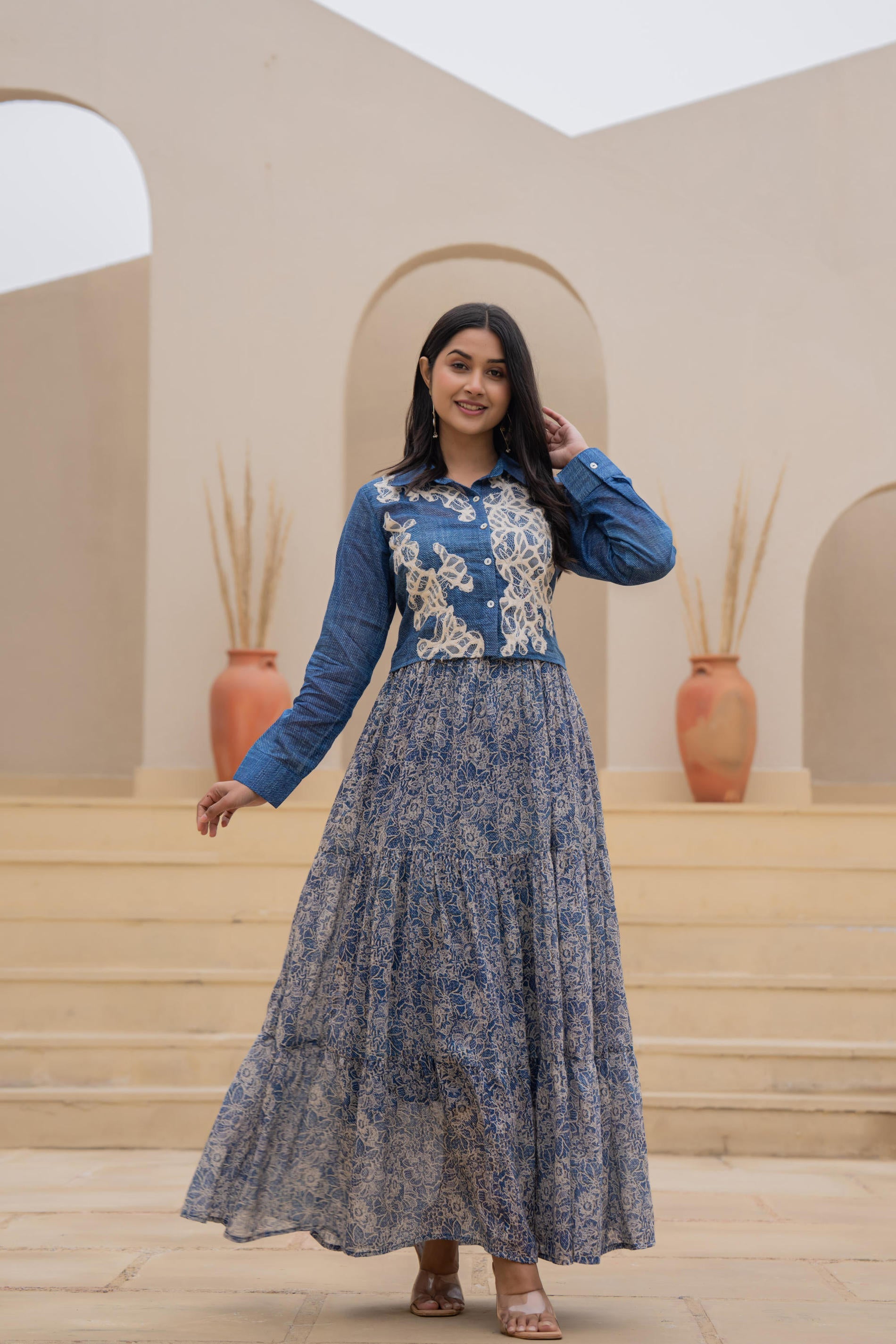 Indigo Blue Shirt-Style Dress with Off White Embroidery & Tiered Flora