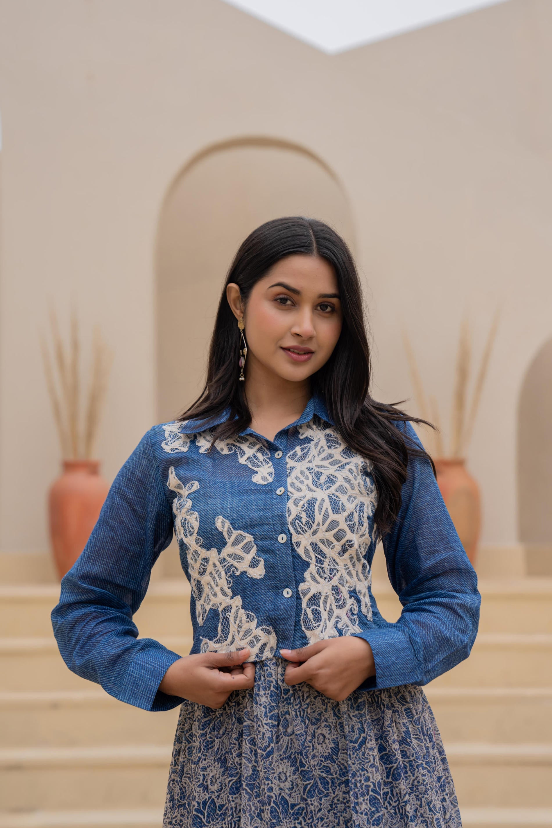 Indigo Blue Shirt-Style Dress with Off White Embroidery & Tiered Flora