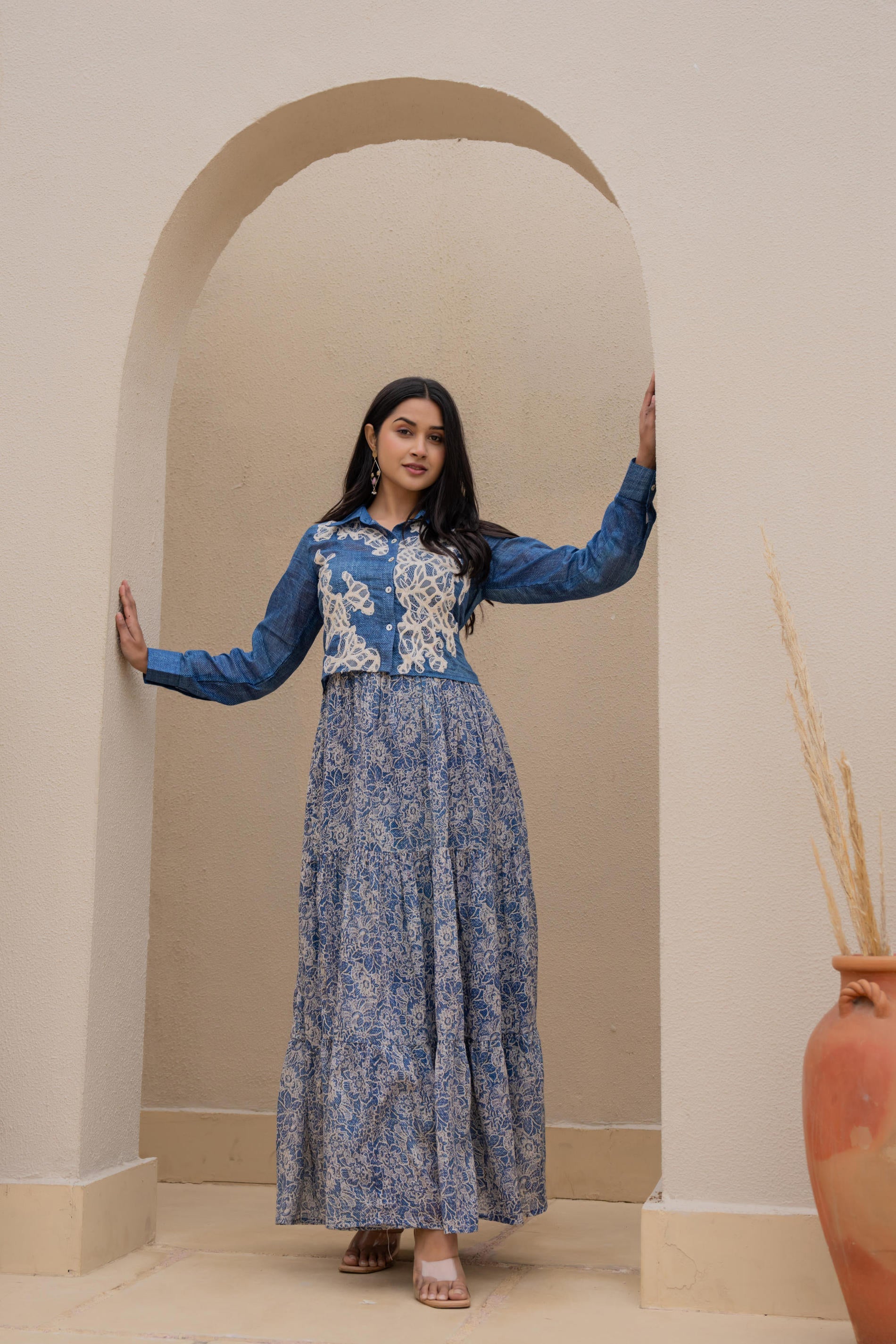 Indigo Blue Shirt-Style Dress with Off White Embroidery & Tiered Flora