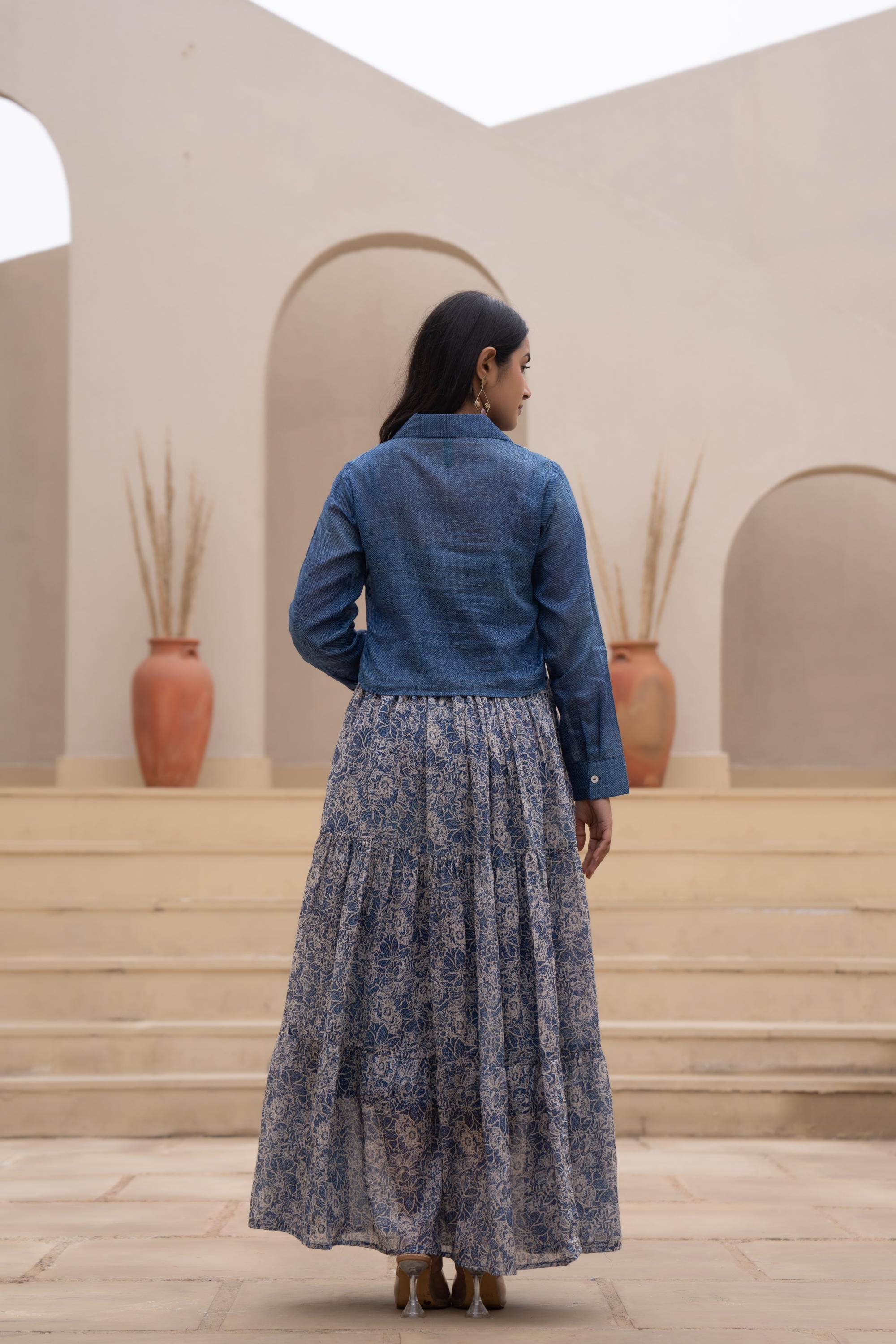 Indigo Blue Shirt-Style Dress with Off White Embroidery & Tiered Flora