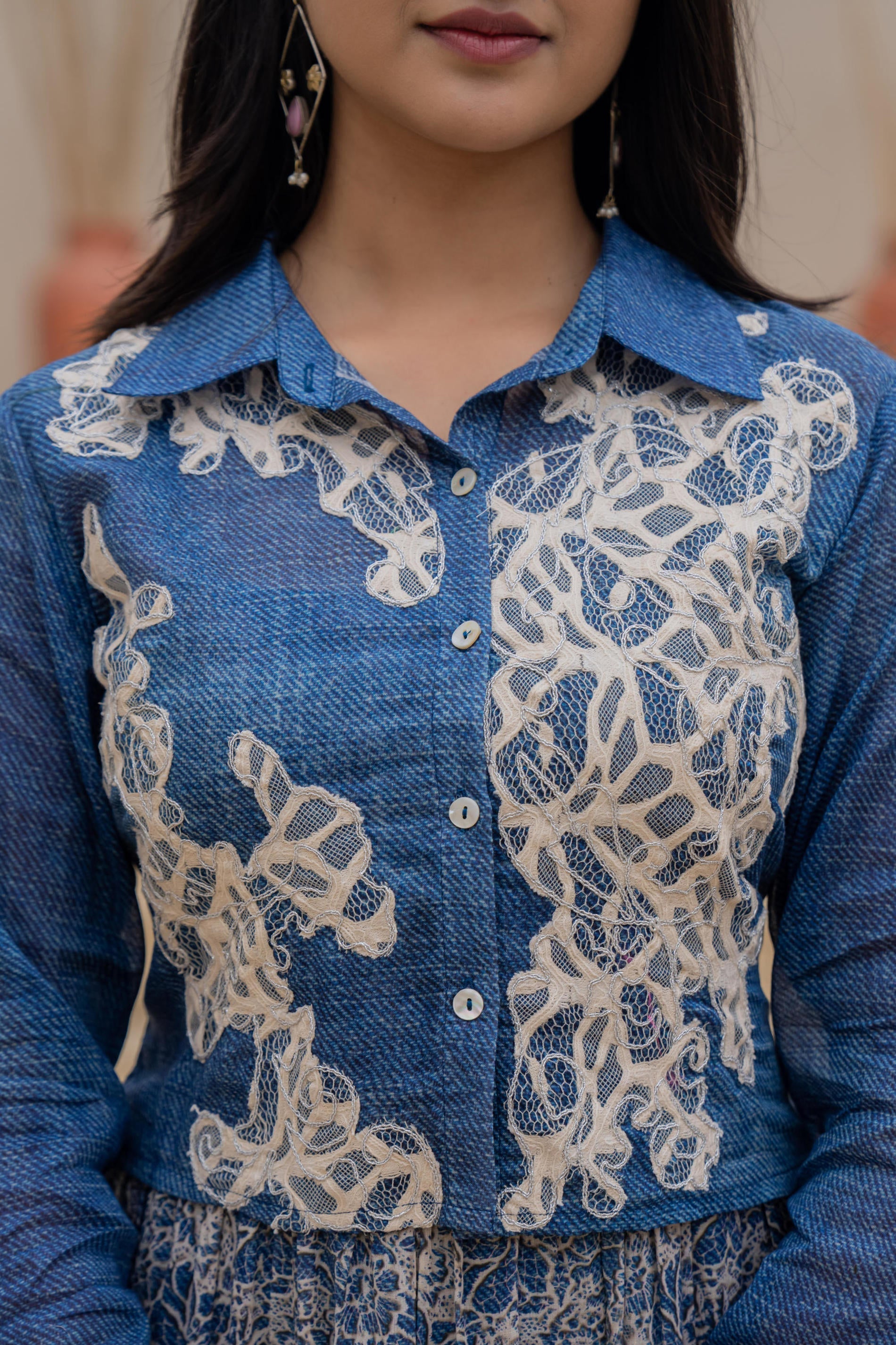 Indigo Blue Shirt-Style Dress with Off White Embroidery & Tiered Flora