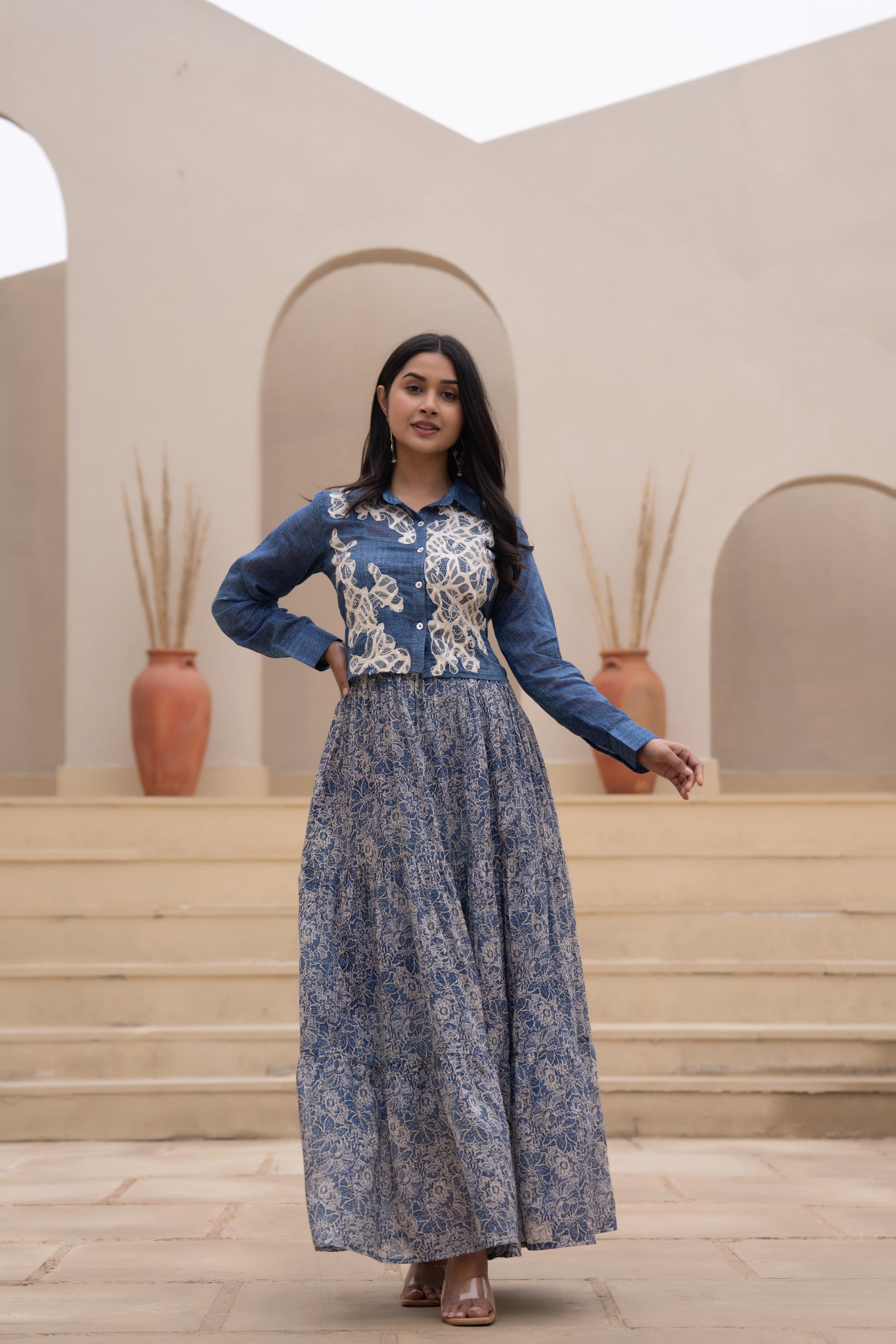 Indigo Blue Shirt-Style Dress with Off White Embroidery & Tiered Flora