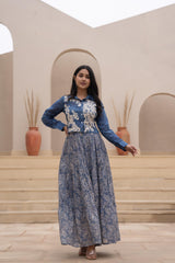 Indigo Blue Shirt-Style Dress with Off White Embroidery & Tiered Floral Maxi Skirt