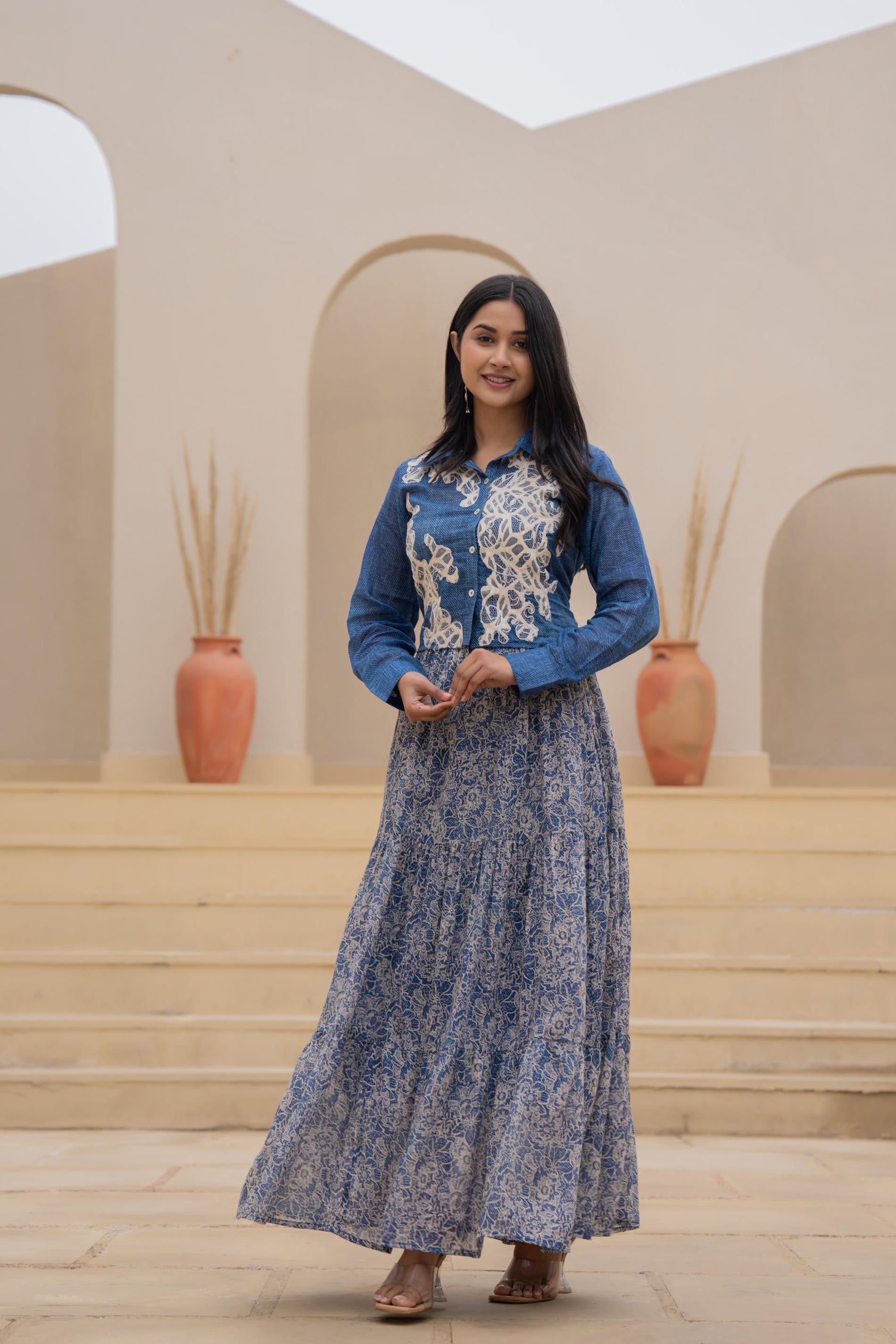 Indigo Blue Shirt-Style Dress with Off White Embroidery & Tiered Flora