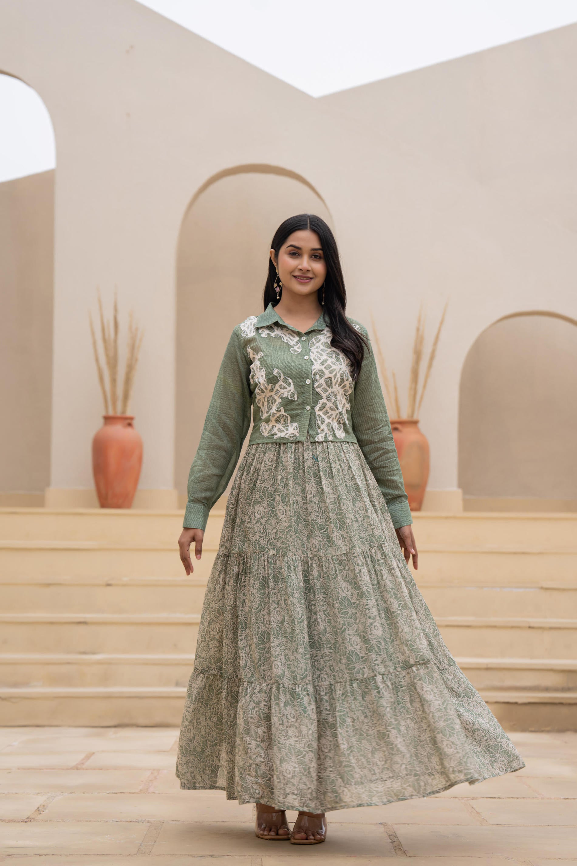 Green Shirt-Style Dress with Off White Embroidery & Tiered Floral Maxi