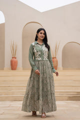 Green Shirt-Style Dress with Off White Embroidery & Tiered Floral Maxi Skirt