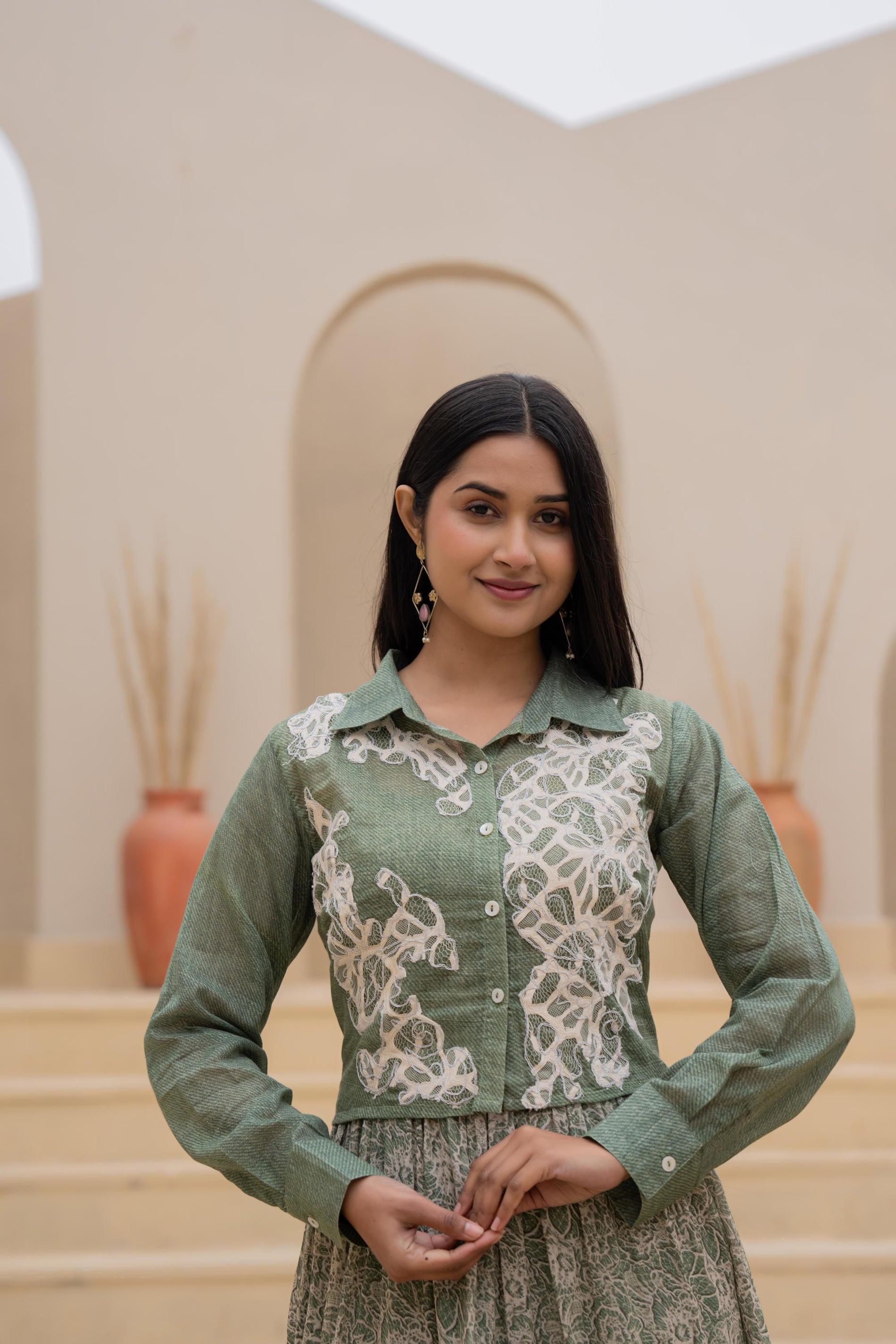 Green Shirt-Style Dress with Off White Embroidery & Tiered Floral Maxi