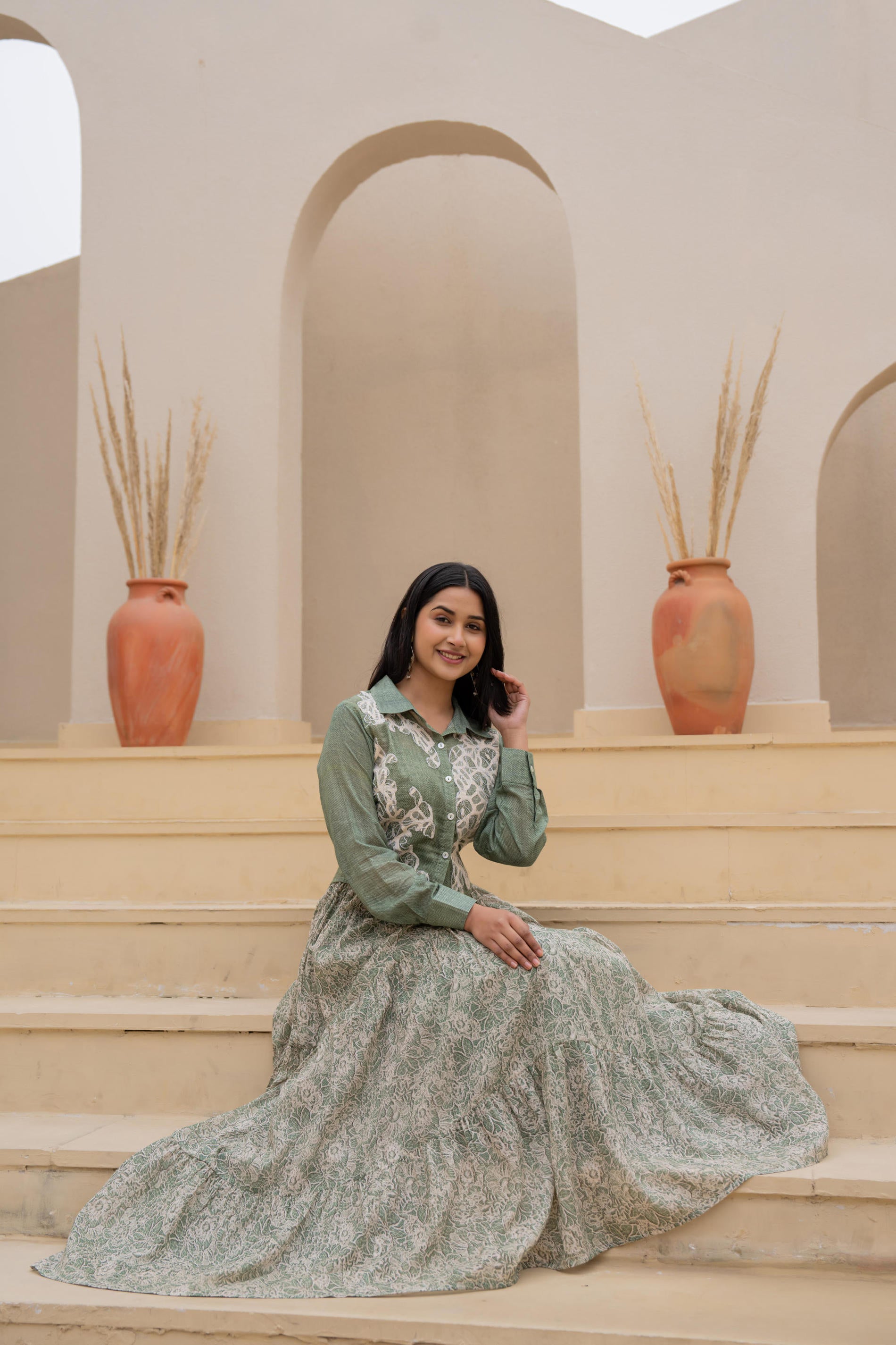 Green Shirt-Style Dress with Off White Embroidery & Tiered Floral Maxi