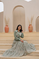 Green Shirt-Style Dress with Off White Embroidery & Tiered Floral Maxi Skirt