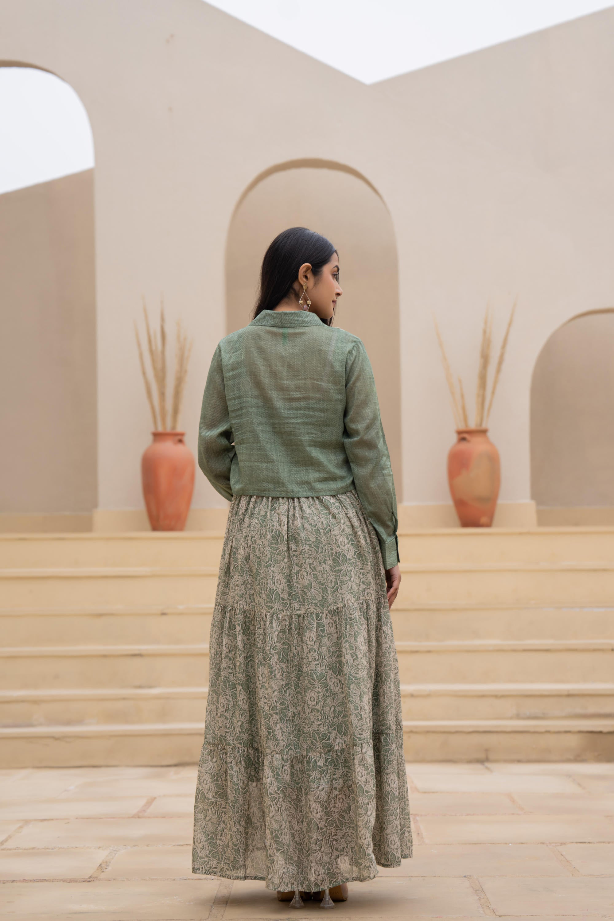Green Shirt-Style Dress with Off White Embroidery & Tiered Floral Maxi
