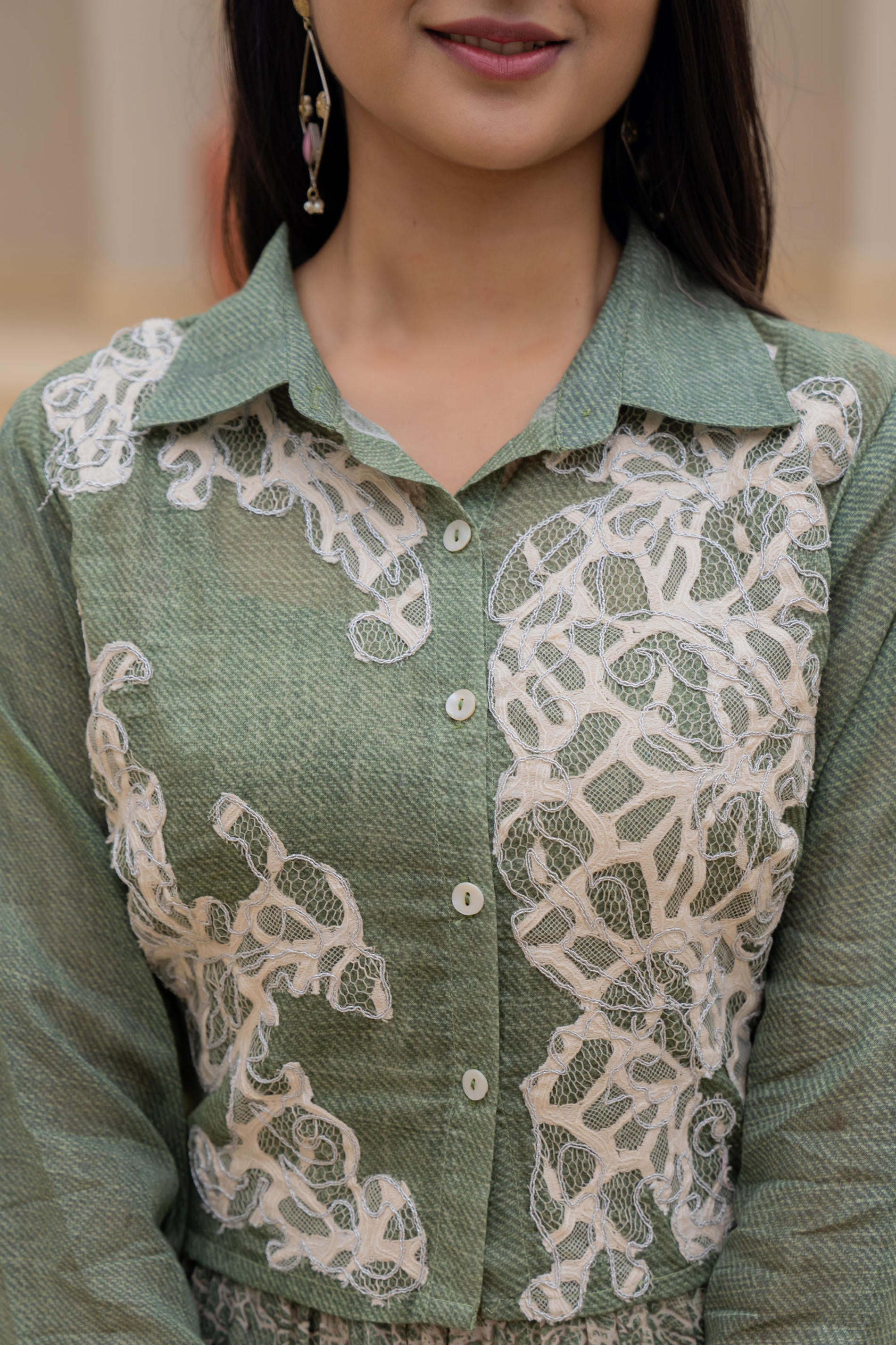 Green Shirt-Style Dress with Off White Embroidery & Tiered Floral Maxi