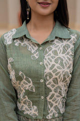 Green Shirt-Style Dress with Off White Embroidery & Tiered Floral Maxi Skirt