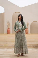 Green Shirt-Style Dress with Off White Embroidery & Tiered Floral Maxi Skirt