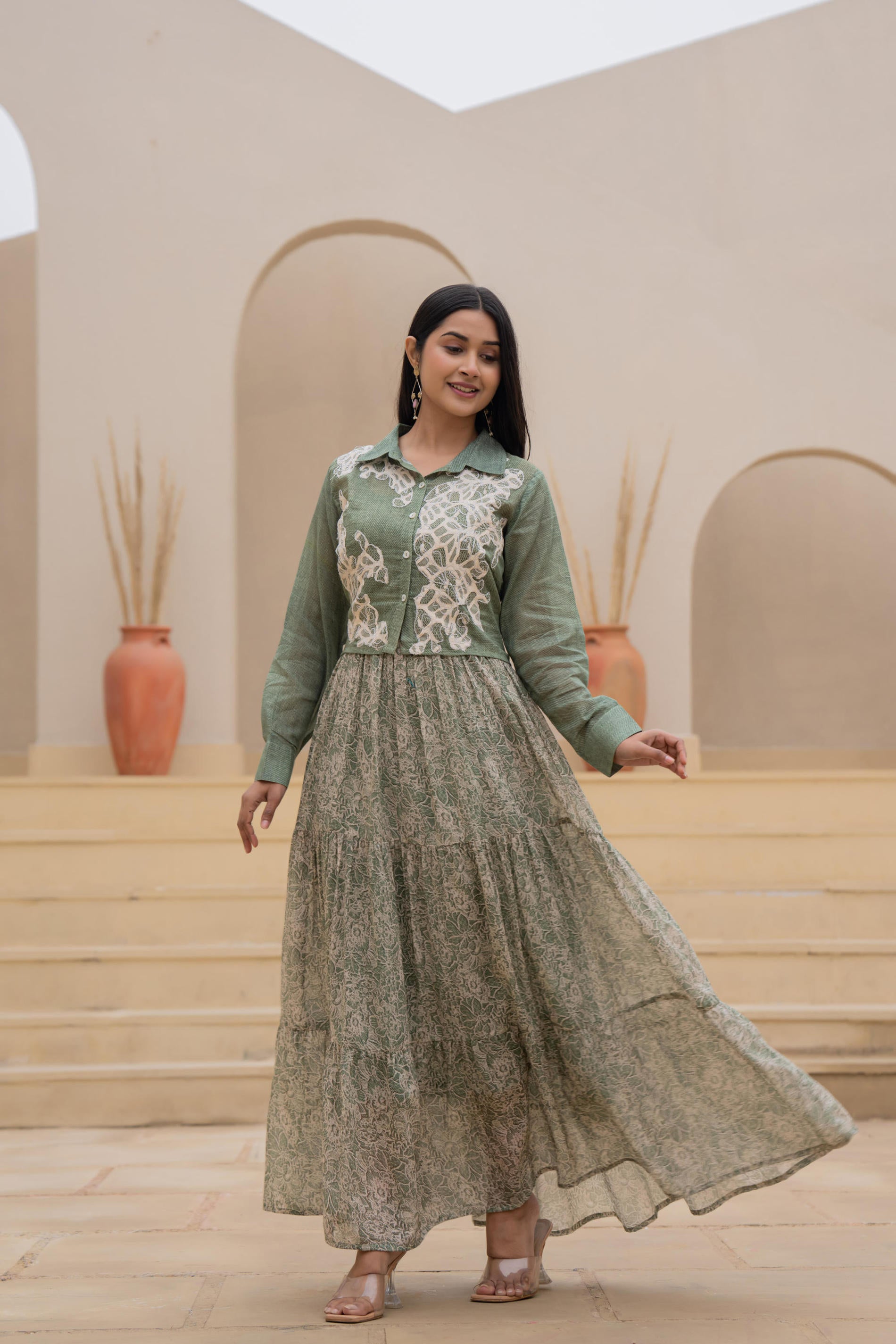Green Shirt-Style Dress with Off White Embroidery & Tiered Floral Maxi
