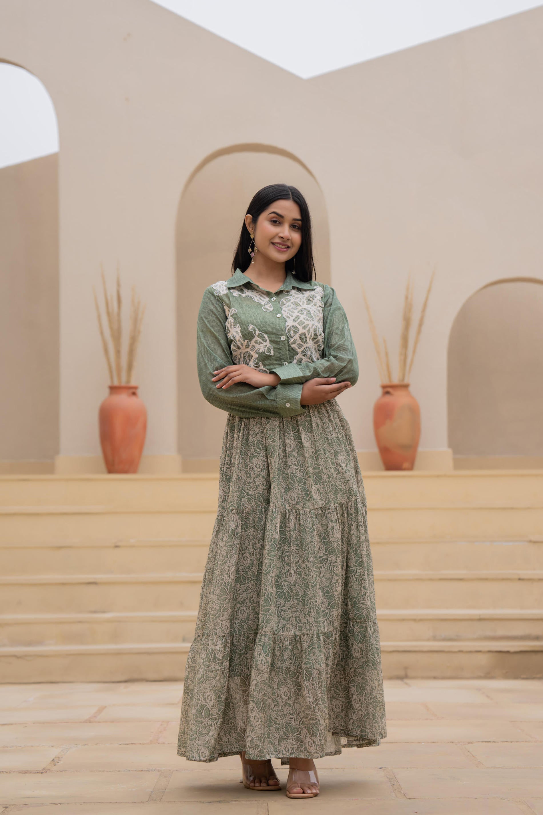 Green Shirt-Style Dress with Off White Embroidery & Tiered Floral Maxi