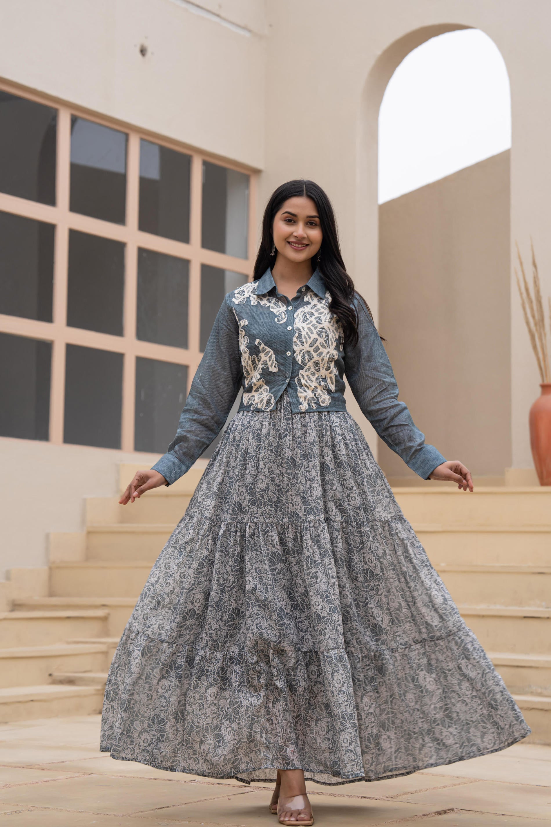 Grey Shirt-Style Dress with Off White Embroidery & Tiered Floral Maxi 