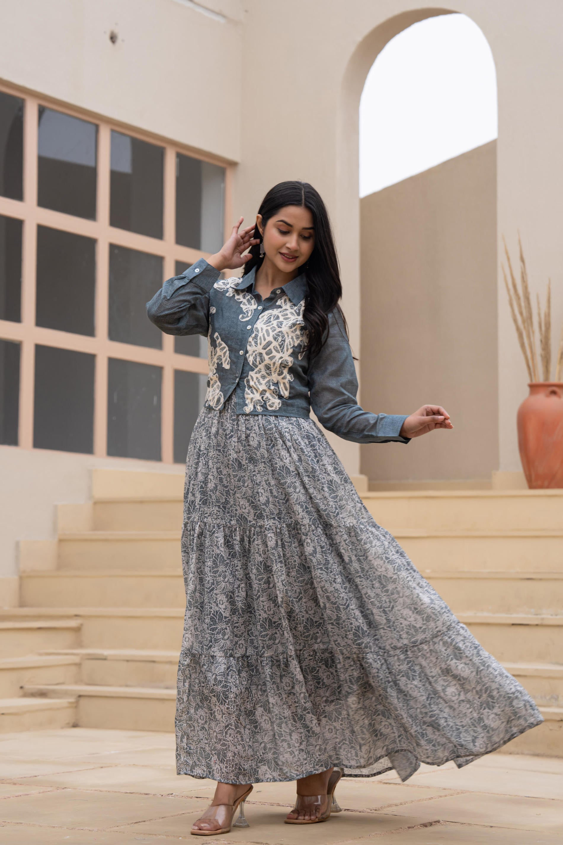 Grey Shirt-Style Dress with Off White Embroidery & Tiered Floral Maxi 