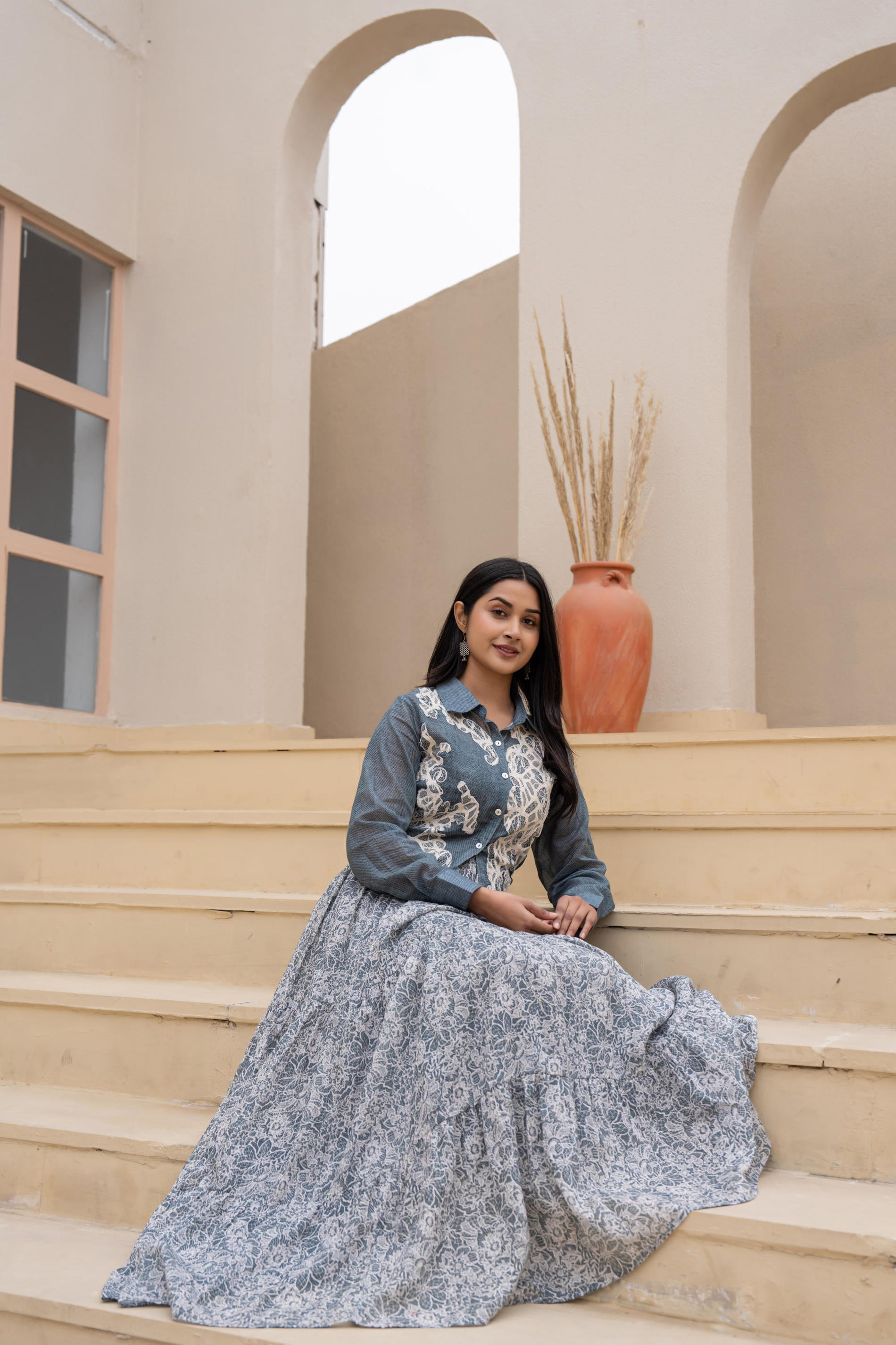 Grey Shirt-Style Dress with Off White Embroidery & Tiered Floral Maxi 