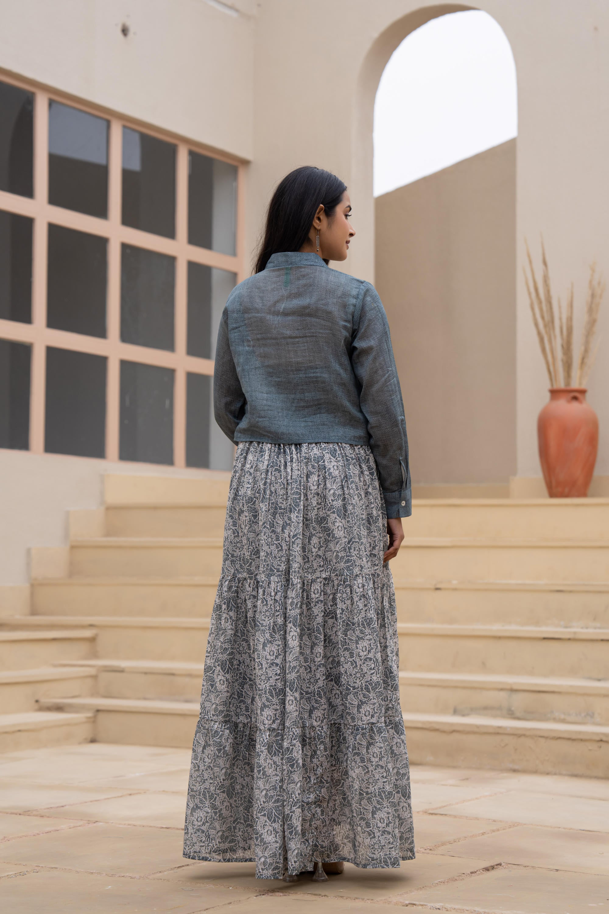 Grey Shirt-Style Dress with Off White Embroidery & Tiered Floral Maxi 